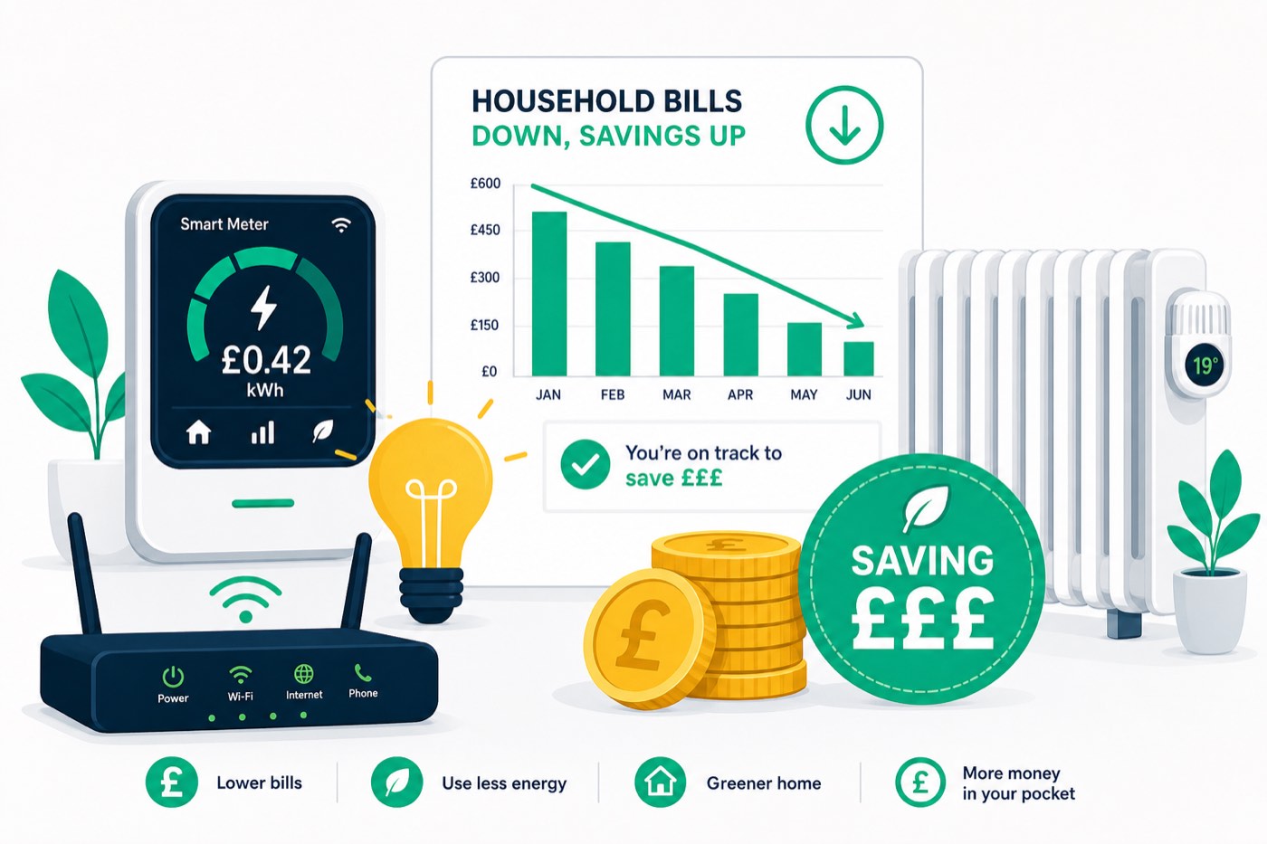 Household bills and energy savings illustration