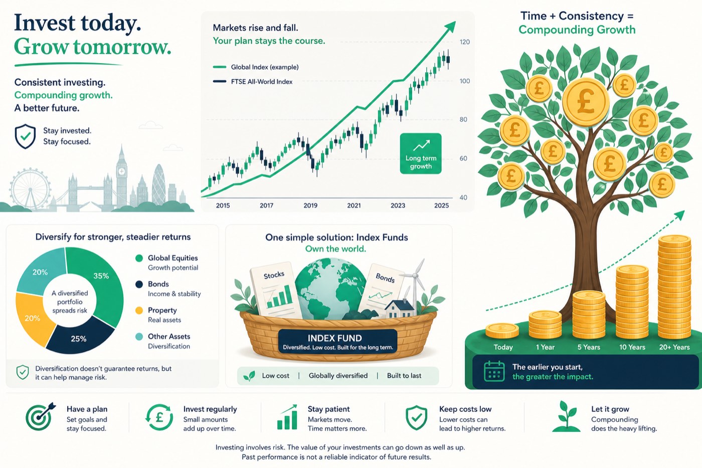 Investing illustration with charts and diversified portfolio