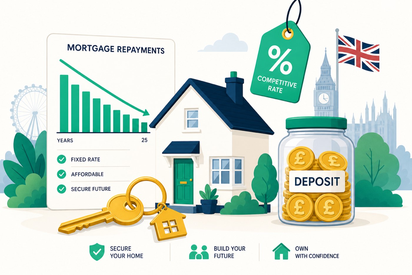 Mortgages and property illustration with house and deposit jar