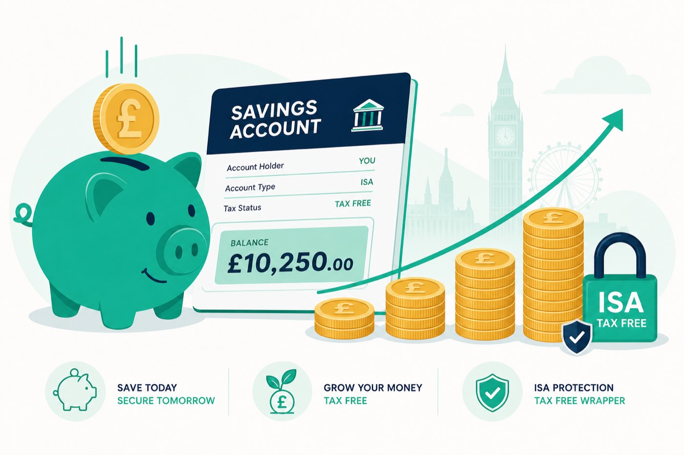 Saving illustration with piggy bank, ISA and growing coins