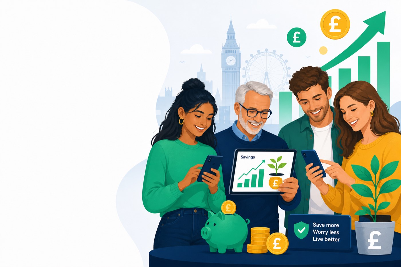 UK savers reviewing their finances, savings growth charts and pound coins
